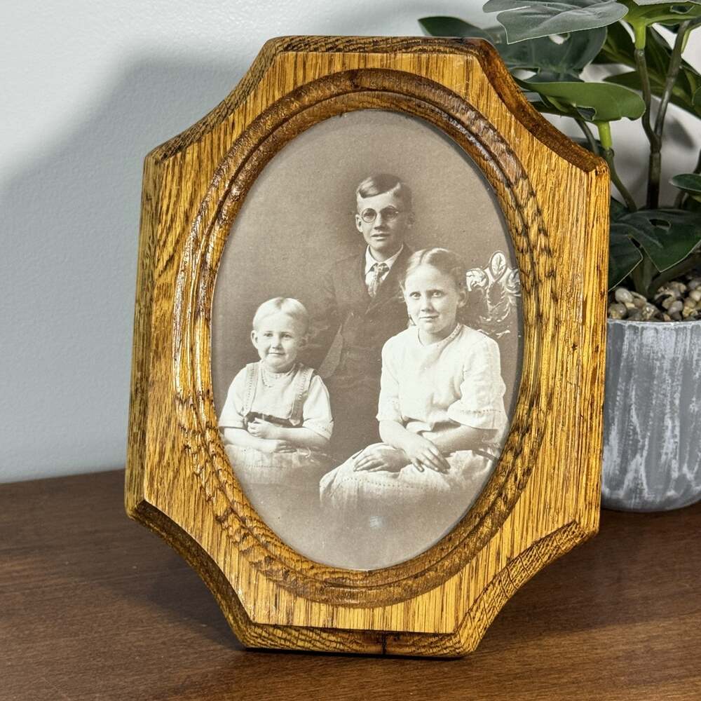 Vintage 1940s Wooden Picture Frame with Original Family Photo Octagonal Oak